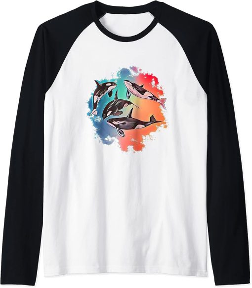 Orca Motif Whale Predator Animals Design Orcas Raglan Baseball Tee