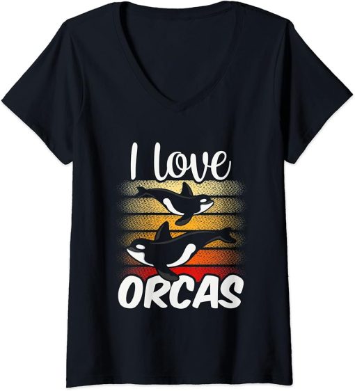 Womens I Love Orcas Sea Protect Whale Orca V-Neck T-Shirt